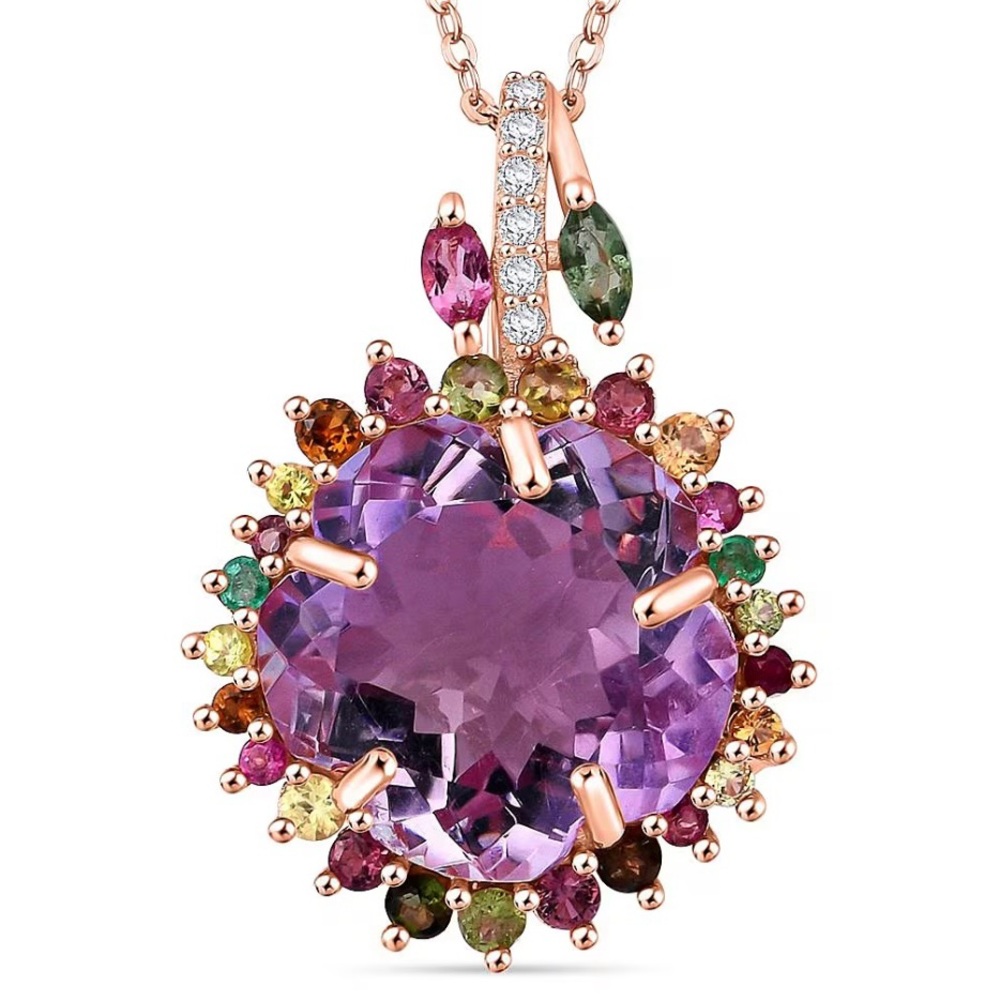 Amethyst & Tourmaline 14.85 ctw Necklace In Rose Gold Over Sterling Silver
